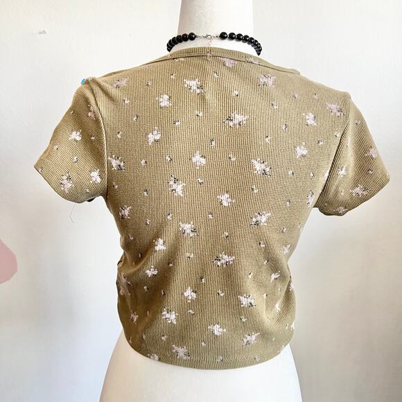 Green Waffle Knit Floral Crop Top, Y2K, Cottagecore, Indie, Retro, Small - Picture 3 of 6